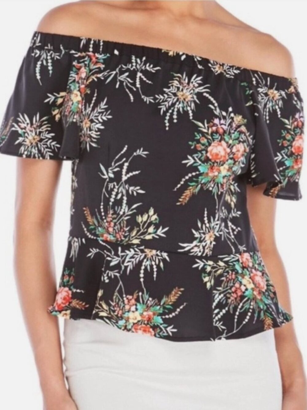 NANETTE LEPORE Black Floral Peplum Blouse Silky Fabric Sz M Feminine Romantic